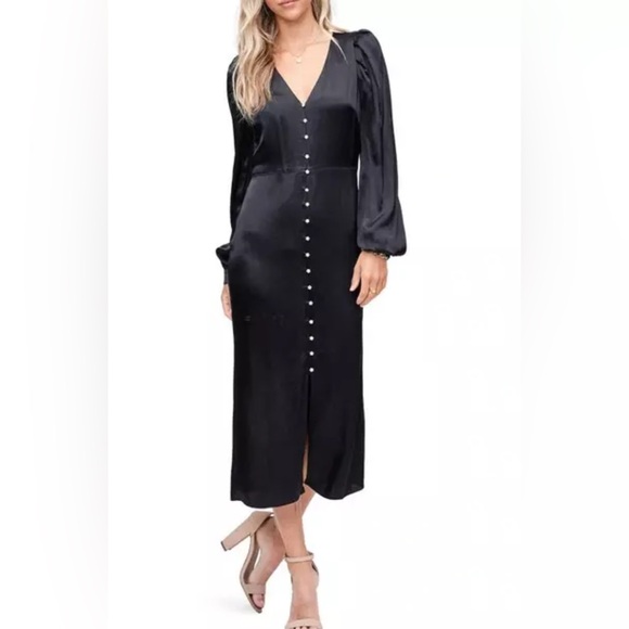 En Saison Black Long Sleeve Satin VNeck Crystal Button Midi Dress - Picture 2 of 6